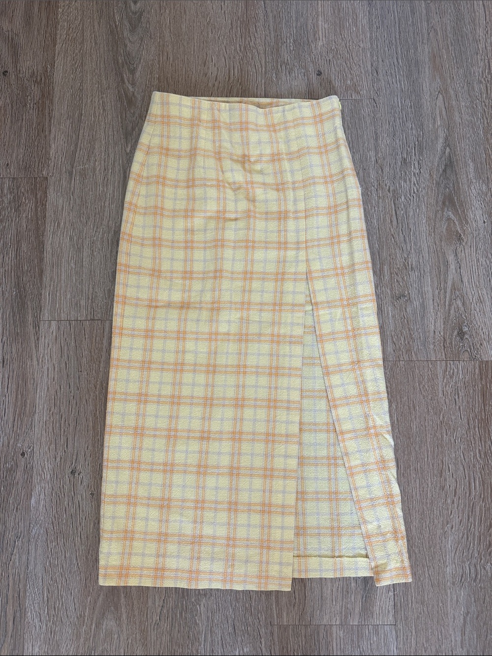 ZARA / Yellow Fitted Plaid Midi Skirt with Front Slit